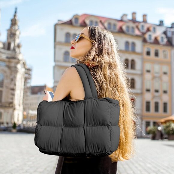 Puffer Tote Bag Women Nylon Quilted Foldable Lightweight Travel Purse - Picture 5 of 7